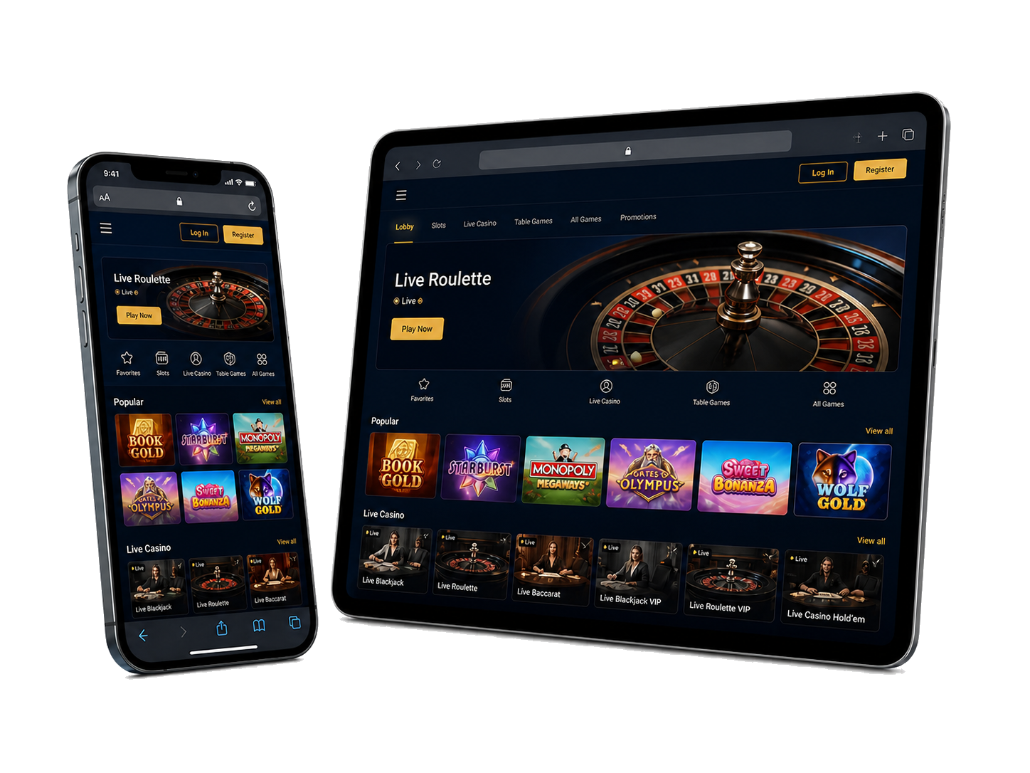 Roby Casino responsive interface displayed across phone, tablet and
                desktop screens