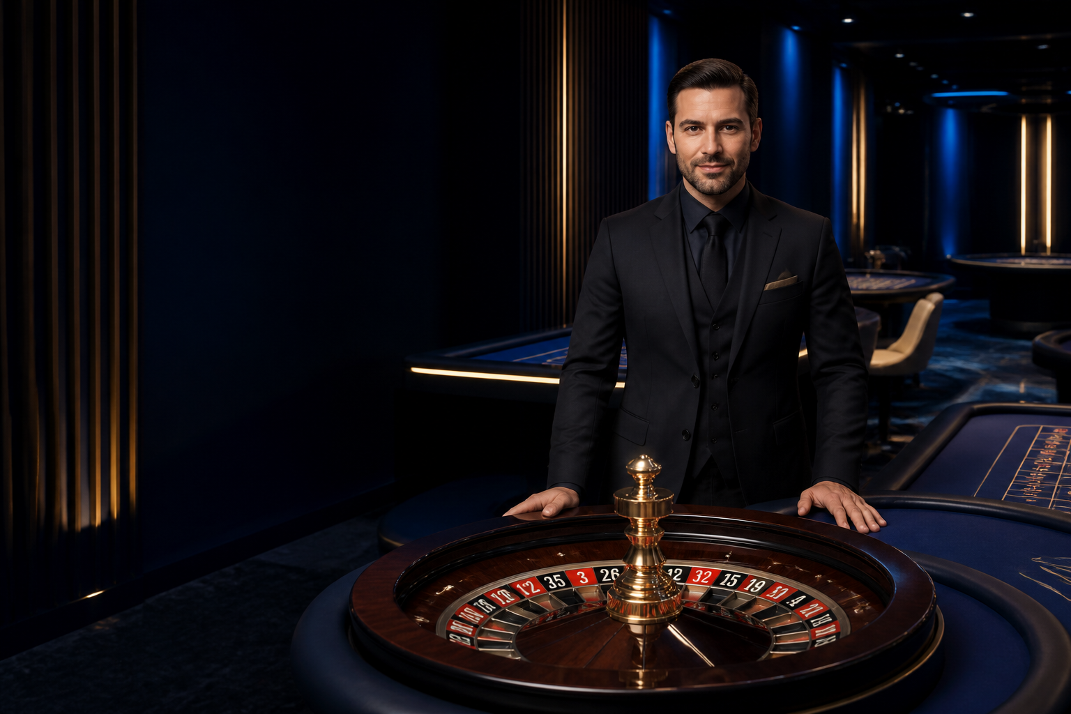 Live casino dealer beside a roulette wheel and gaming table