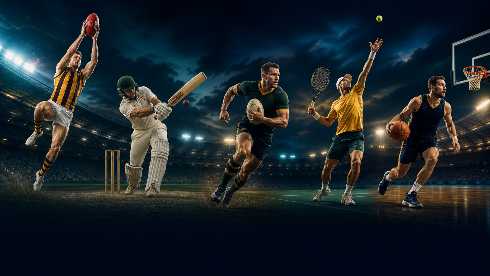 Australian football, cricket, rugby, tennis and basketball athletes competing under stadium
              lights